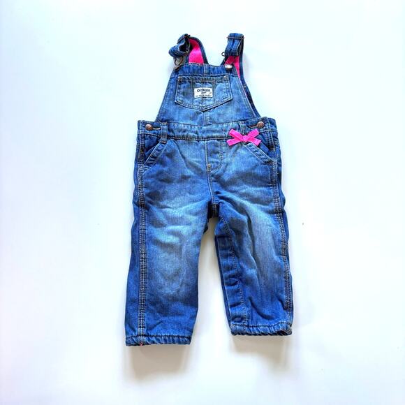 Oshkosh Girls 12 Month Blue Denim Overalls Fleece Lined Pink Bibs - Picture 1 of 7